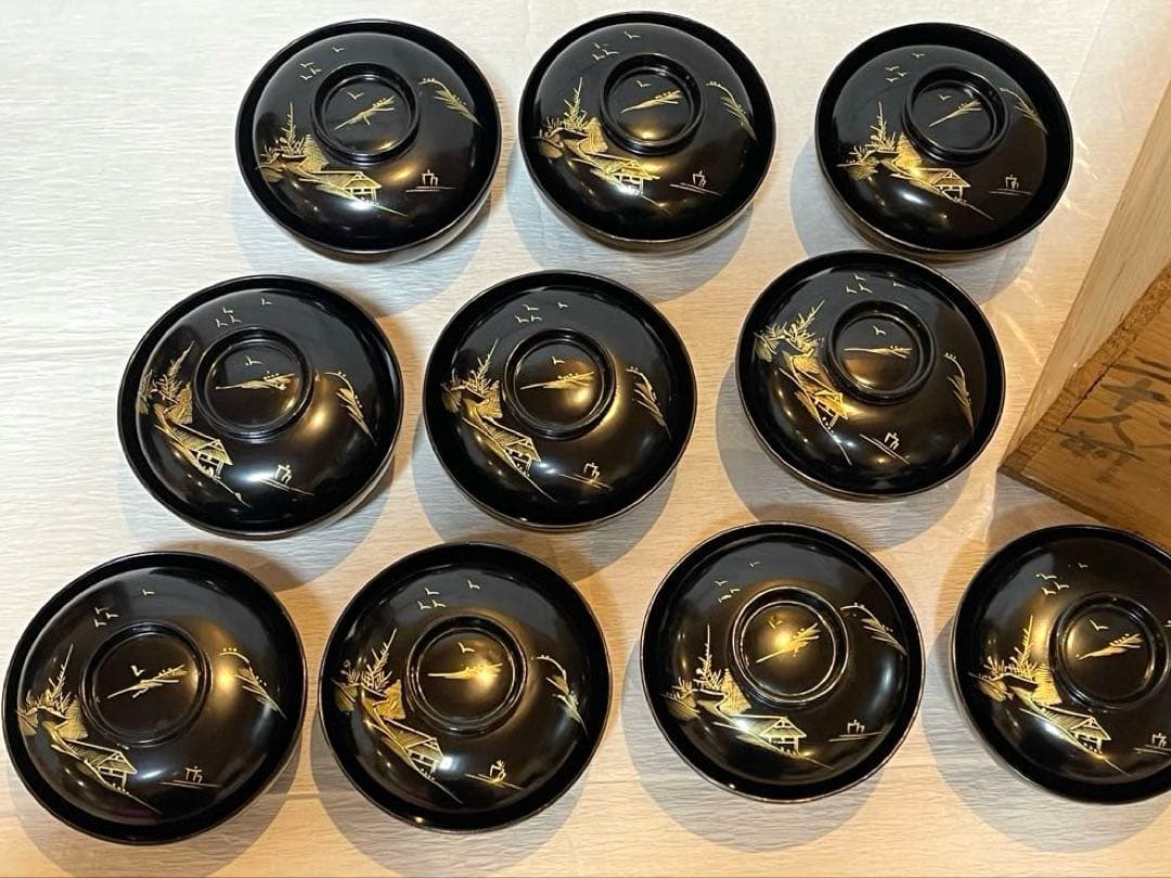 木製漆器 吸物椀 10客 金蒔絵 骨董 時代物 アンティーク175