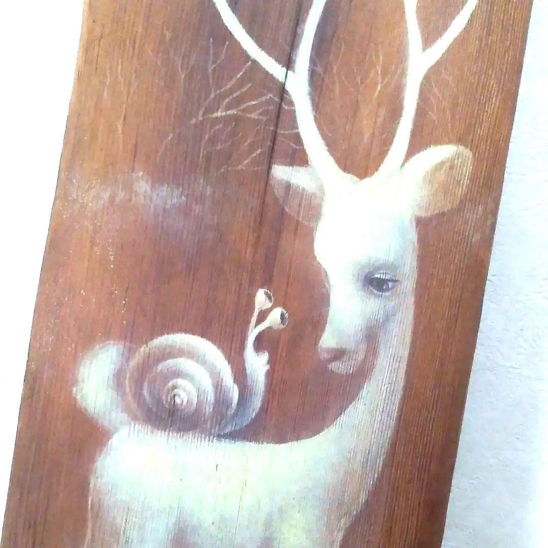 一時値下げプロ作家流木絵画アート工芸品不思議な鹿？カタツムリ蝸牛月