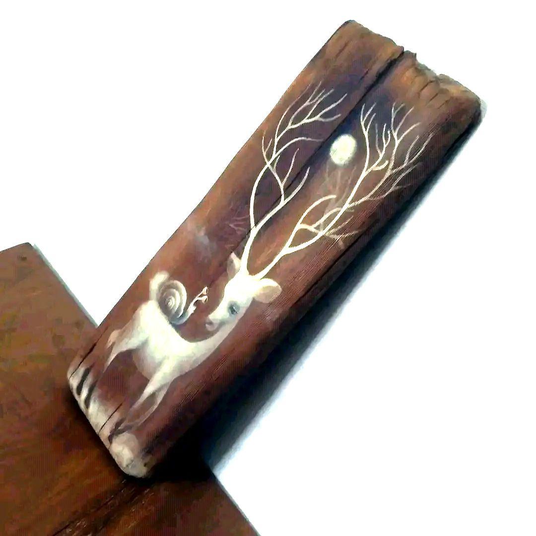 一時値下げプロ作家流木絵画アート工芸品不思議な鹿？カタツムリ蝸牛月