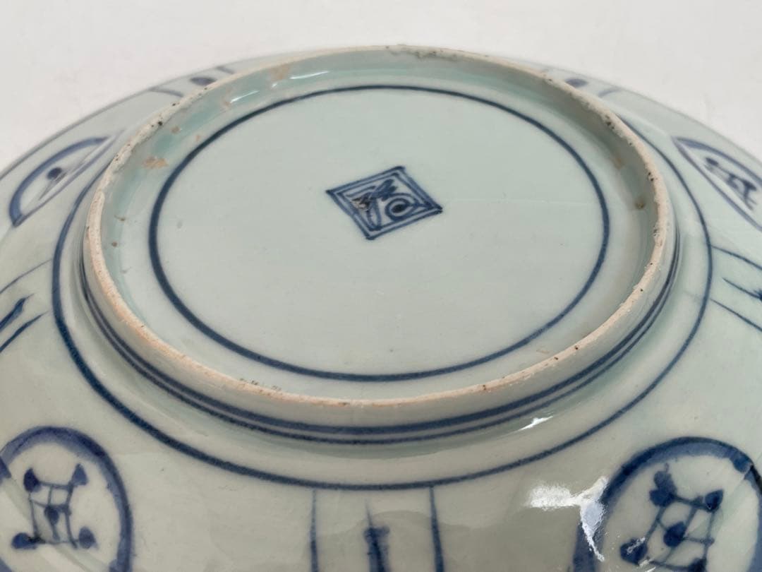 骨董　アンティーク　古伊万里　染付　芙蓉手　飛蝗図　七寸皿　箱付き　渦福