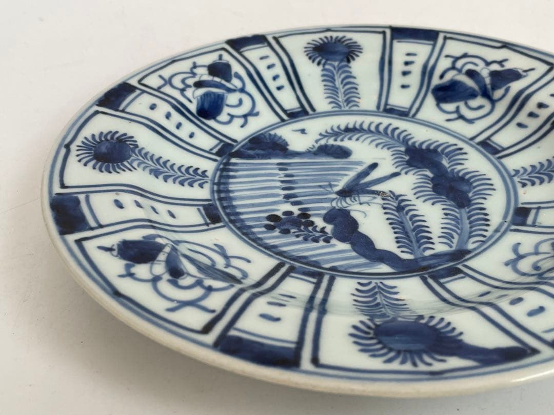 骨董　アンティーク　古伊万里　染付　芙蓉手　飛蝗図　七寸皿　箱付き　渦福