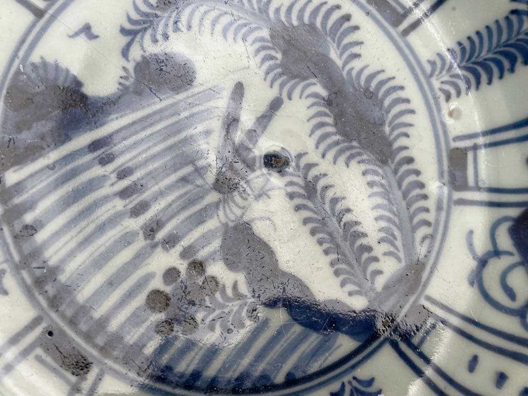 骨董　アンティーク　古伊万里　染付　芙蓉手　飛蝗図　七寸皿　箱付き　渦福