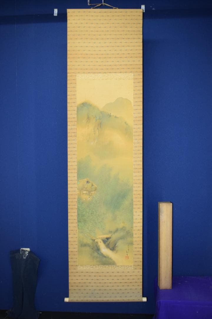 観城/青緑竹林山水図/掛軸☆宝船☆Z-578