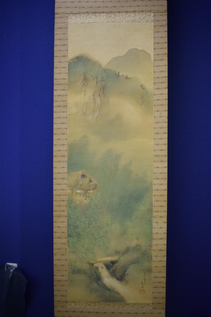 観城/青緑竹林山水図/掛軸☆宝船☆Z-578