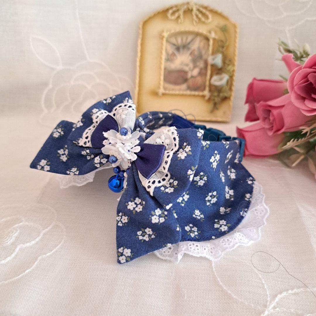 フラワー柄(ネイビー)わんちゃん猫ちゃん用襟付首輪