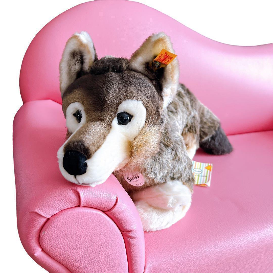希少 シュタイフ オオカミ ぬいぐるみ 正規品 40cm 狼 横座り ブラウン