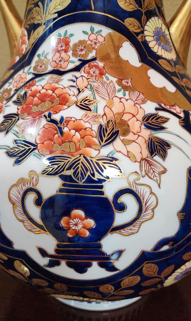 有田焼 大型 花柄陶器花瓶 藤井錦彩 金欄手様式