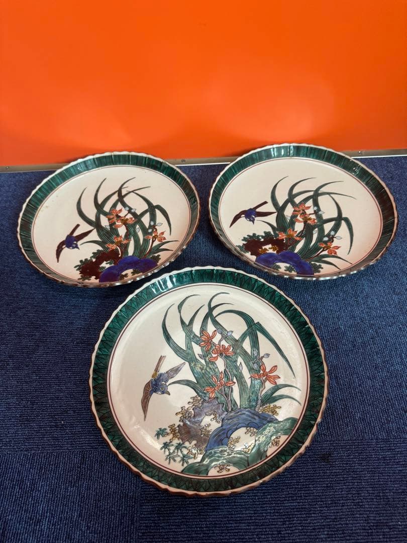 1832  古九谷焼　角福　花鳥皿　3客　25cm 時代物