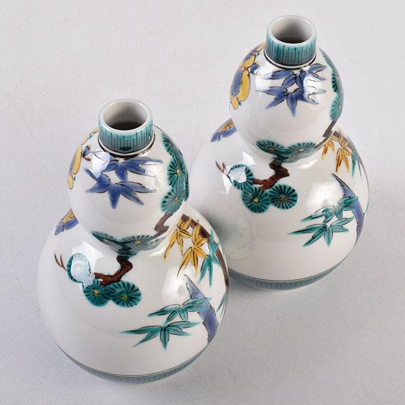 九谷焼　三代三ツ井為吉作　色絵松竹梅文　瓢箪徳利　一對　共箱　C　R8925