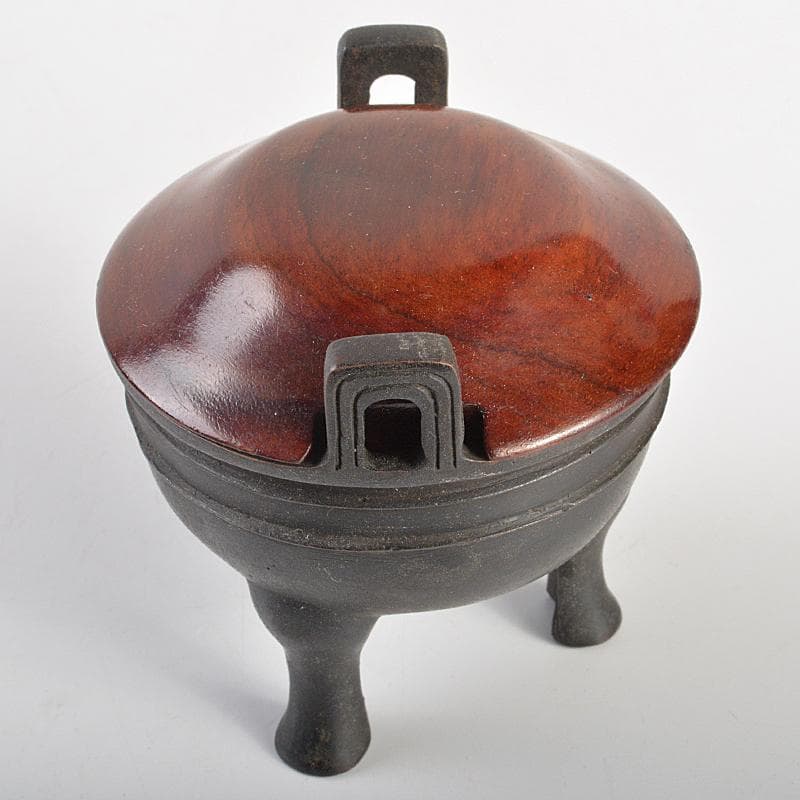 中国　古銅　双耳三つ足鼎　香炉　唐木蓋付　M　R7404
