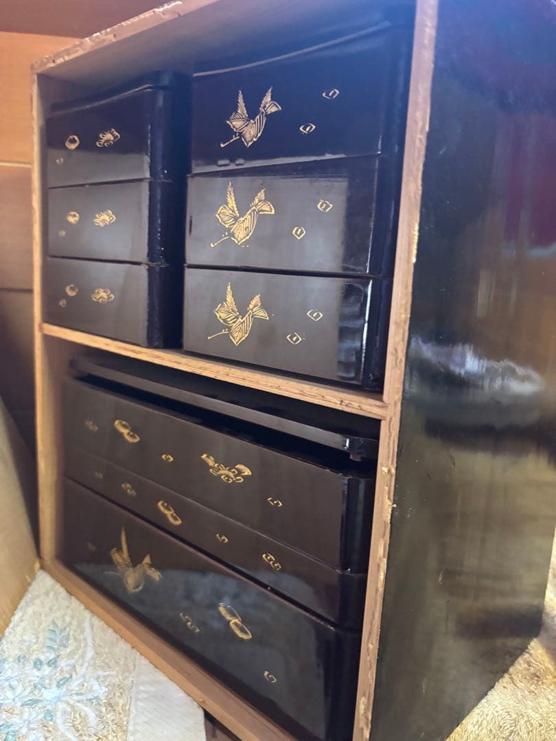 漆器 重箱 金色の鶴模様