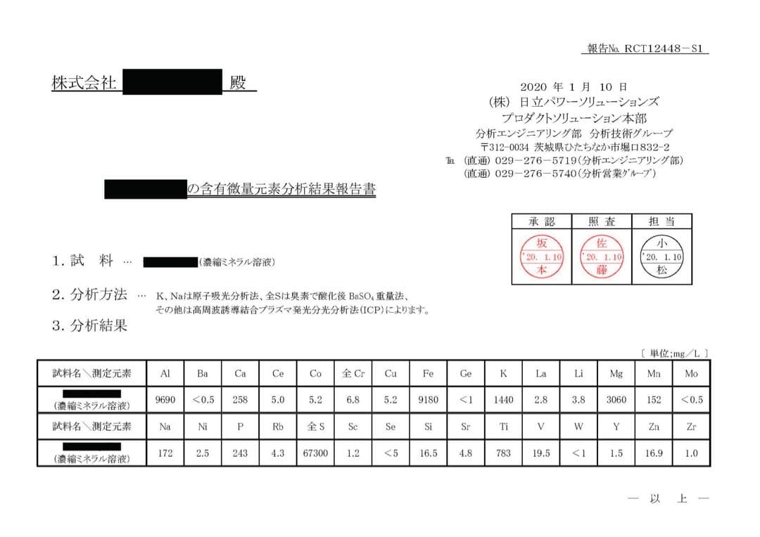 ミネラル原液　販売実績25年50種類以上のミネラル含有高品質　PFAS除去試験