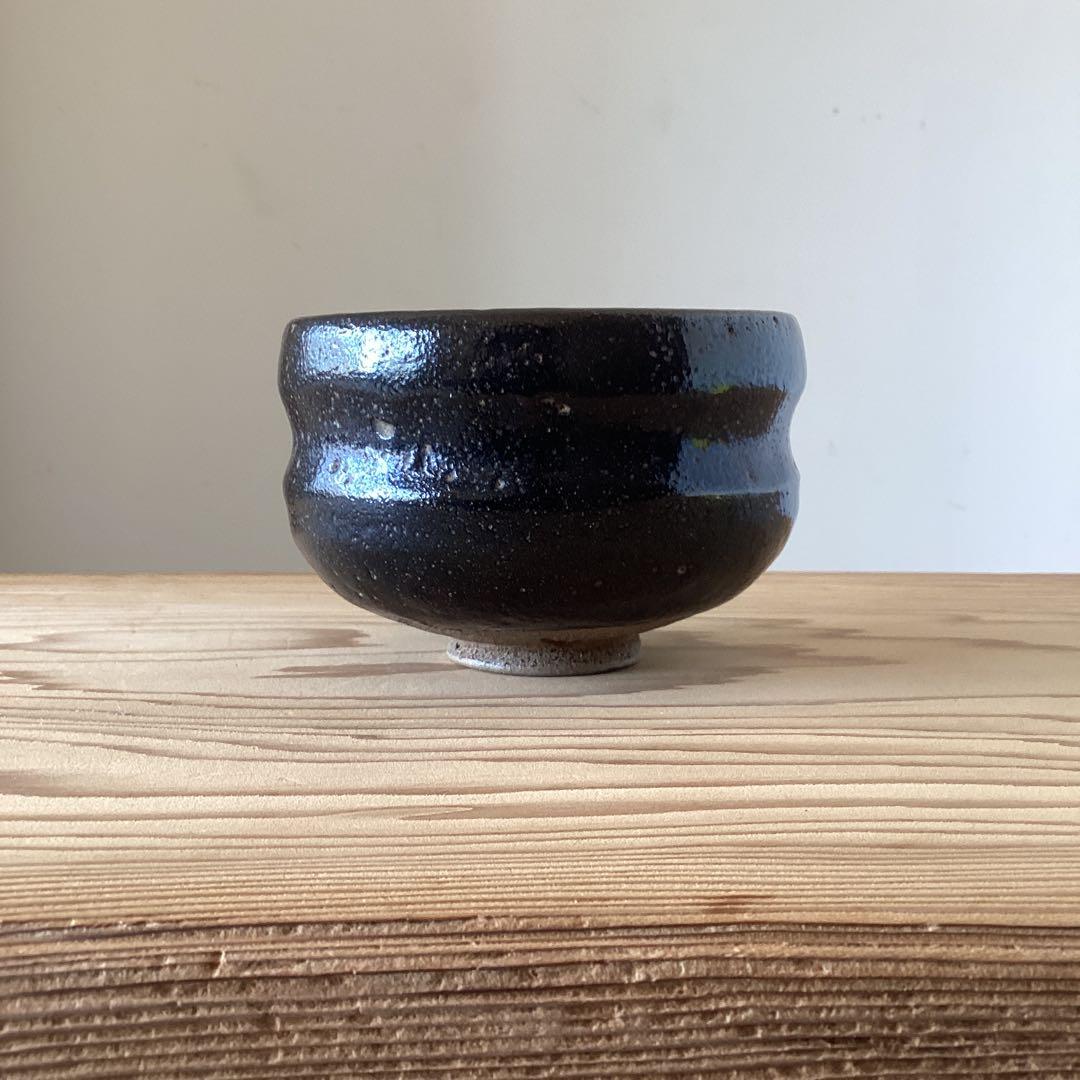 黒楽茶碗　黒楽焼　黒茶碗　抹茶碗　有印　茶道具　黒色波形茶碗
