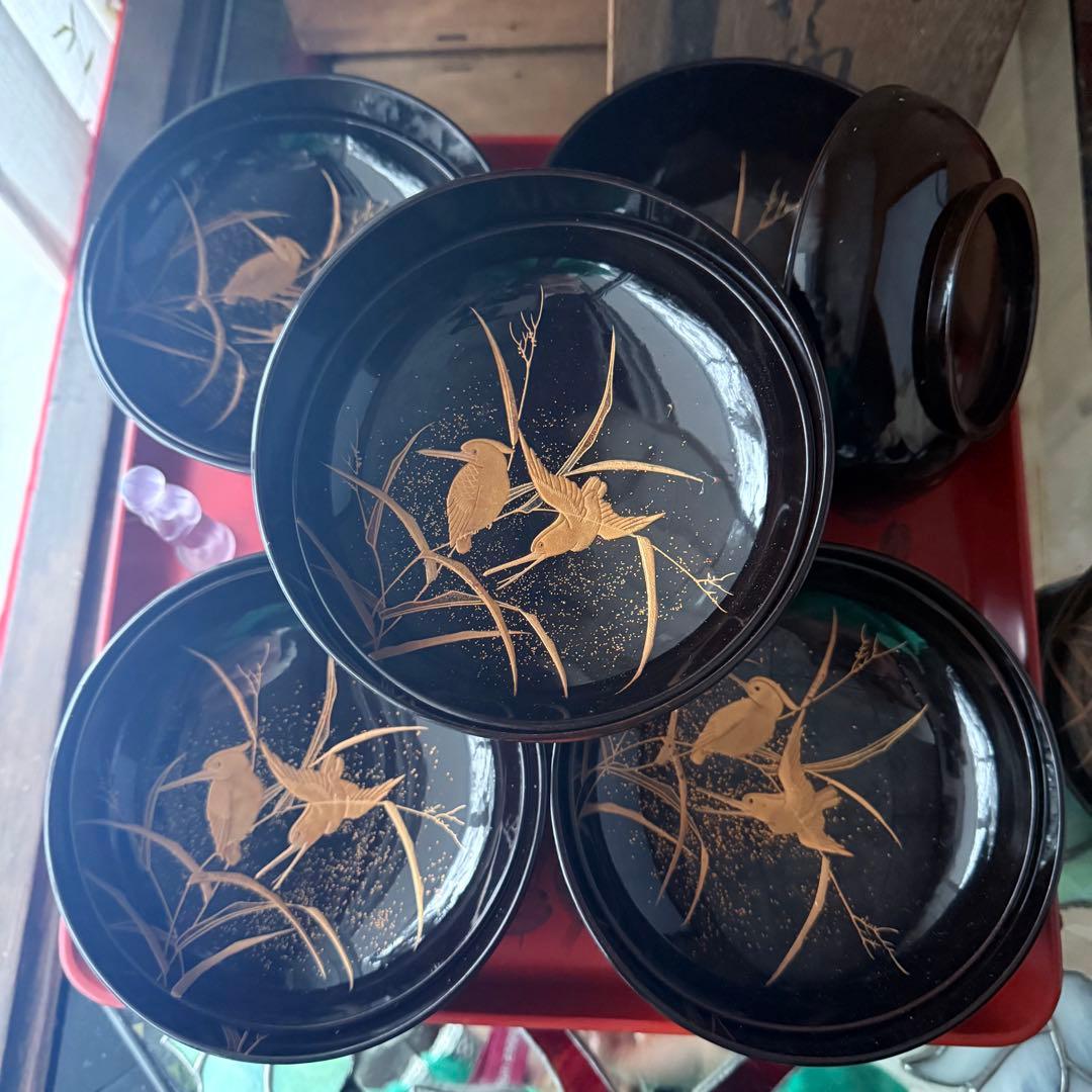 2245様感謝‼️JAPAN蒔絵かわせみ天然木伏蒔絵 芦にかわせみ真塗厚物椀 5客