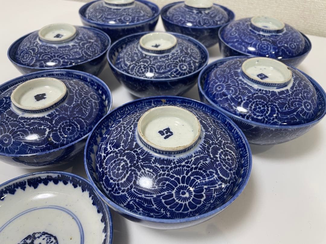 古伊万里 染付 花唐草模様 レトロ 明治 蓋付き 茶碗 8客 蓋9客