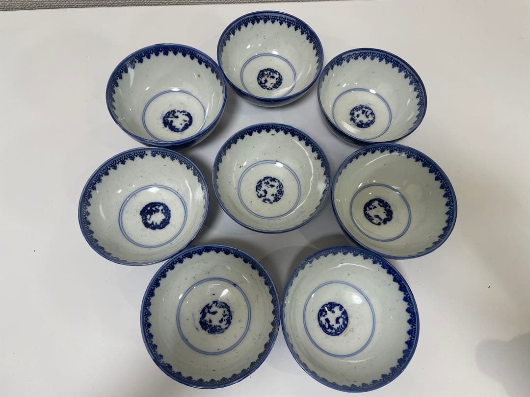 古伊万里 染付 花唐草模様 レトロ 明治 蓋付き 茶碗 8客 蓋9客