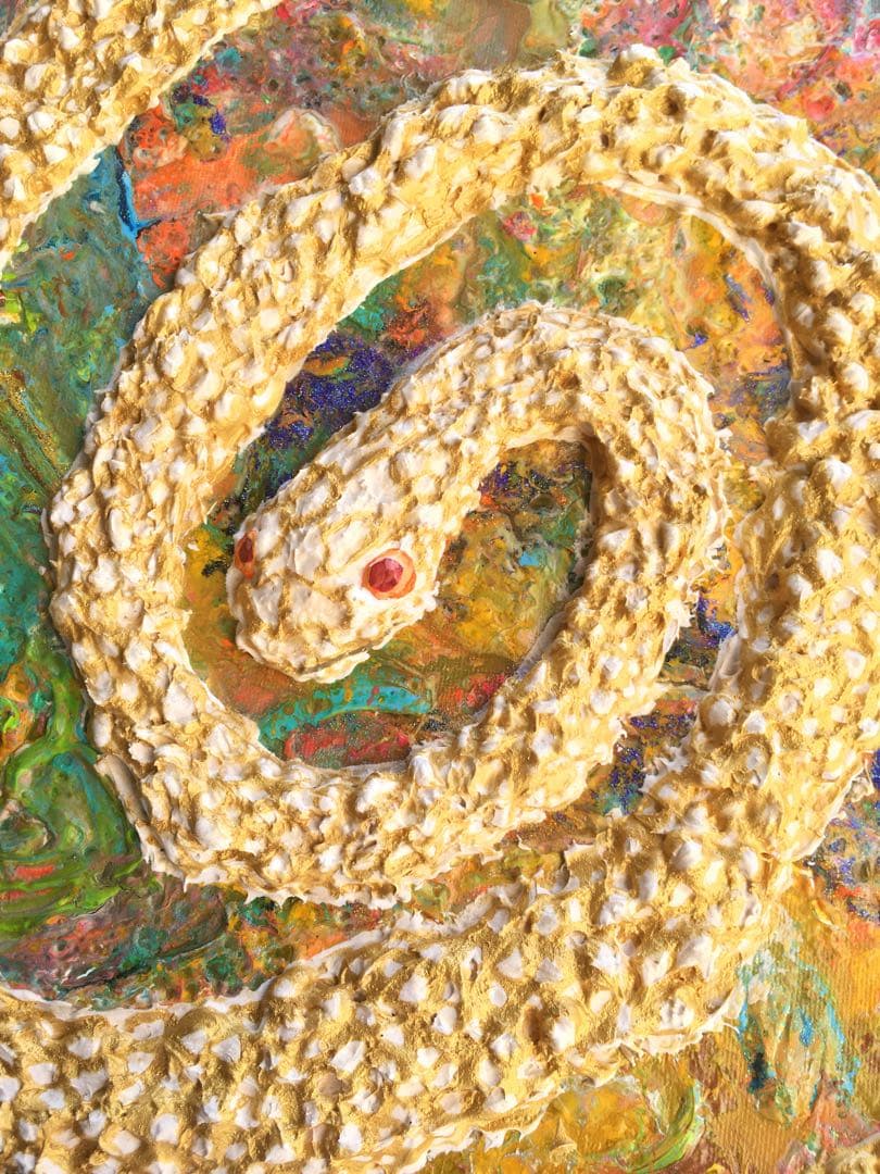 祈雨　白蛇　金色　神秘　絵　絵画　アクリル画　原画　　額付き　インテリアアート