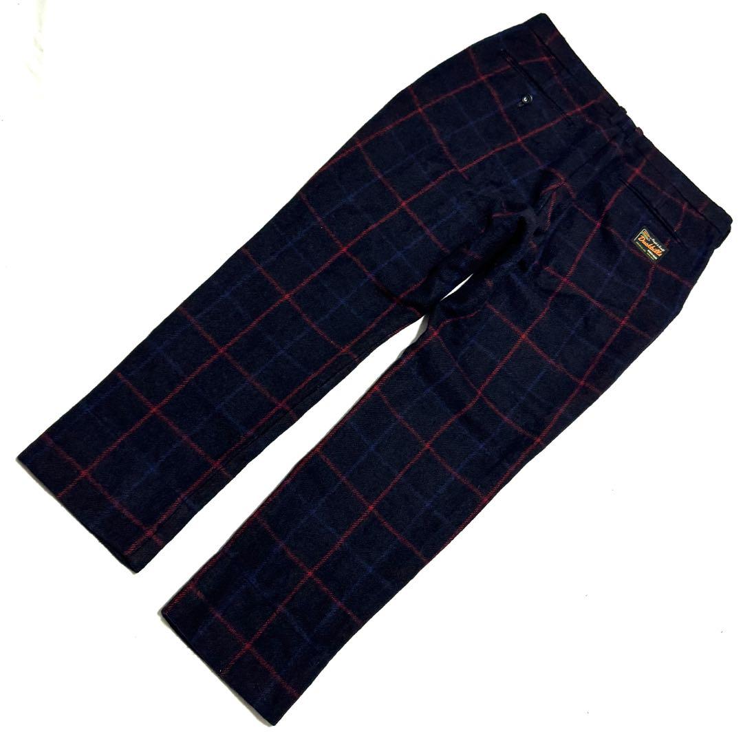 良好 ラフアンドスウェル ウールチェックパンツ ネイビー赤 防寒高級感漂う大人気