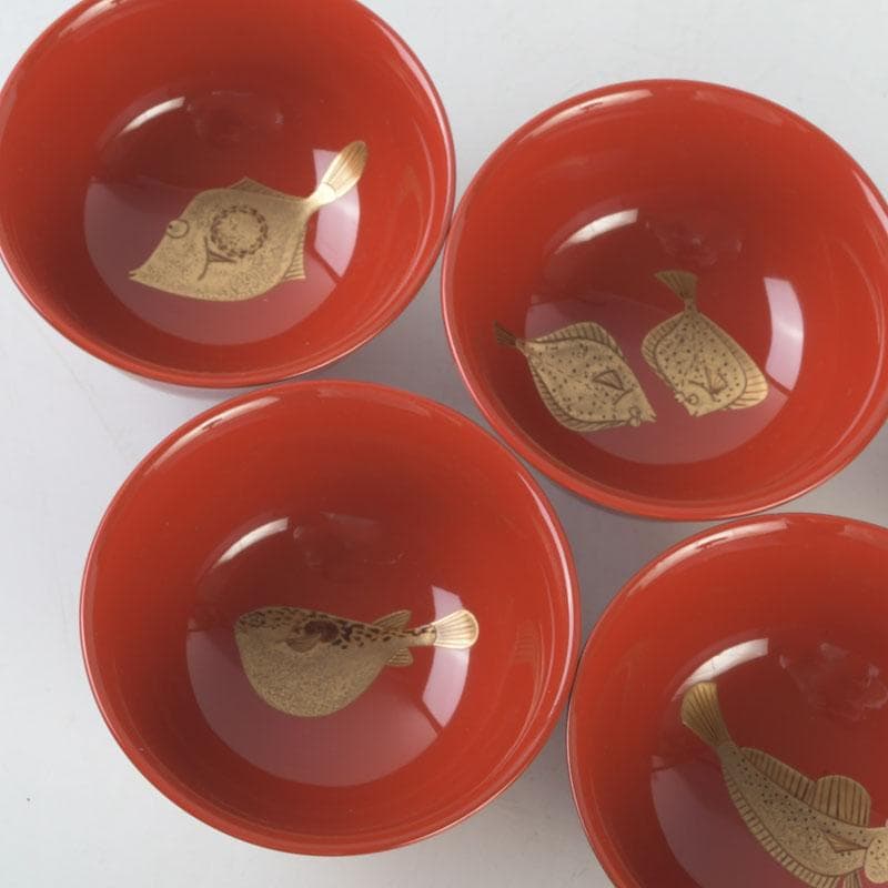 和食器　茶懐石　輪島塗　輪島屋本店謹製　朱塗魚蒔絵　盃　五客　共箱　V　9712