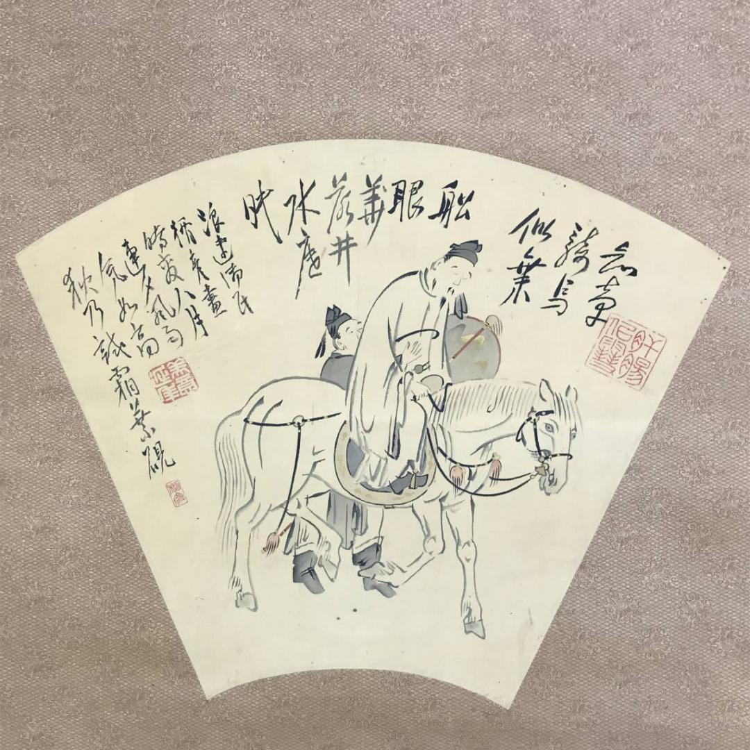 【真作】菅楯彦/扇面/騎馬画賛/酔李白図/高士人物図/掛軸/名家伝来AD-666