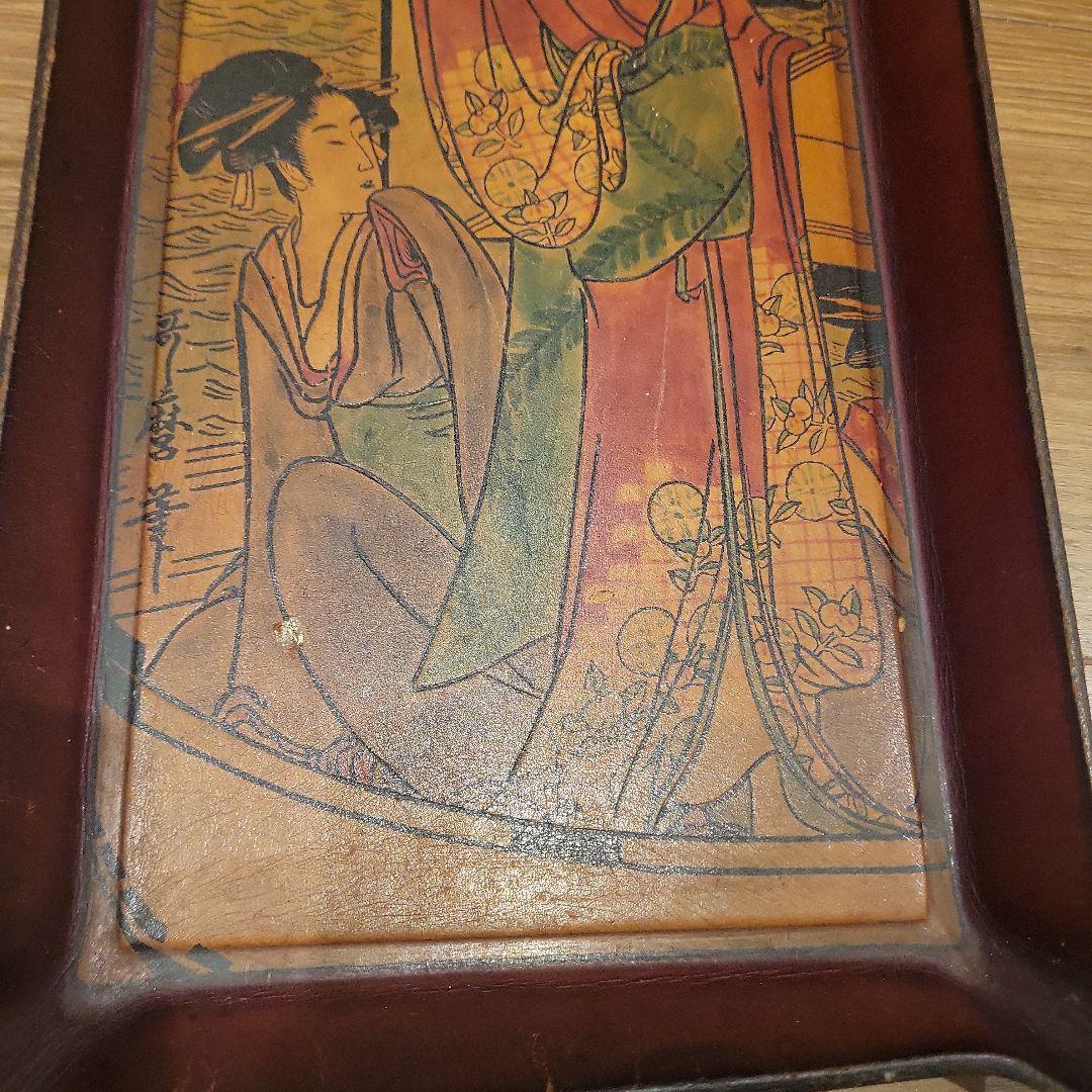 浮世絵風木製トレー 革 和風 アンティーク ヴィンテージ レア トレイ