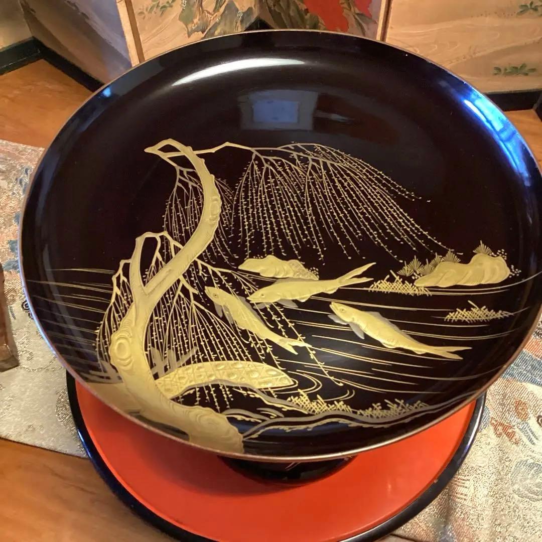 A1036 木製輪島塗　柳に鮎　金縁　蒔絵　高月　高杯　　1基（供箱付）