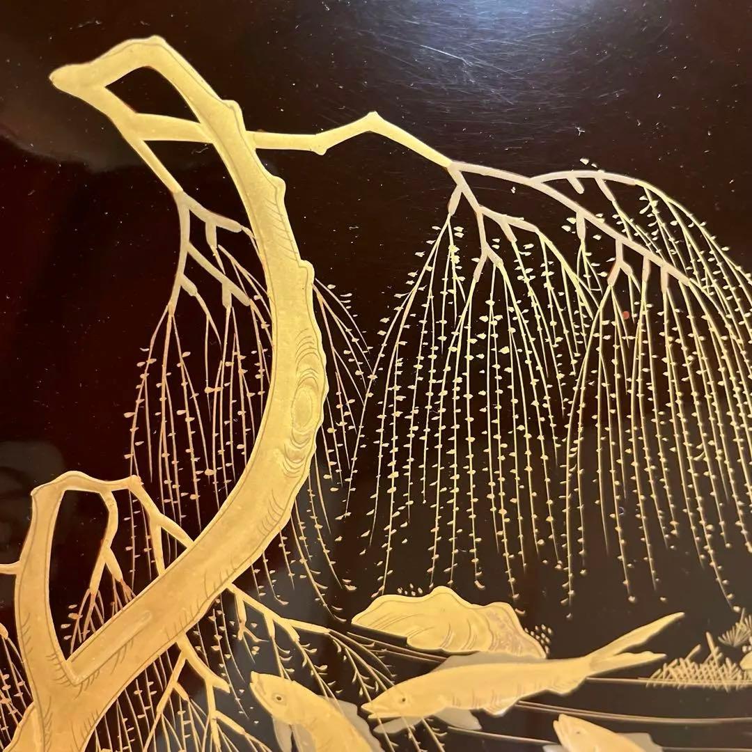 A1036 木製輪島塗　柳に鮎　金縁　蒔絵　高月　高杯　　1基（供箱付）