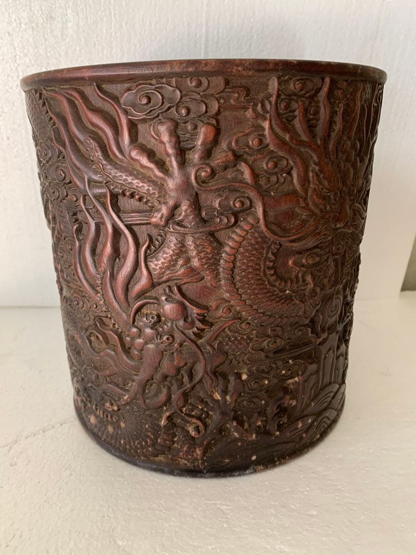 紫檀木彫刻 龍紋筆筒 （検） 清代 唐物 中国美術 骨董 古玩