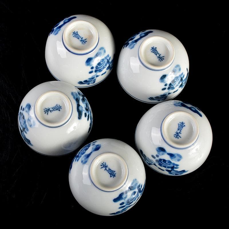 煎茶道具　賣茶好　染付　亥年白菜文　煎茶碗　5客　共箱　V　6194