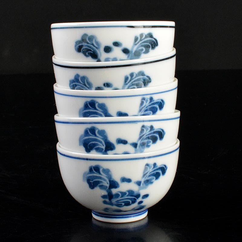 煎茶道具　賣茶好　染付　亥年白菜文　煎茶碗　5客　共箱　V　6194