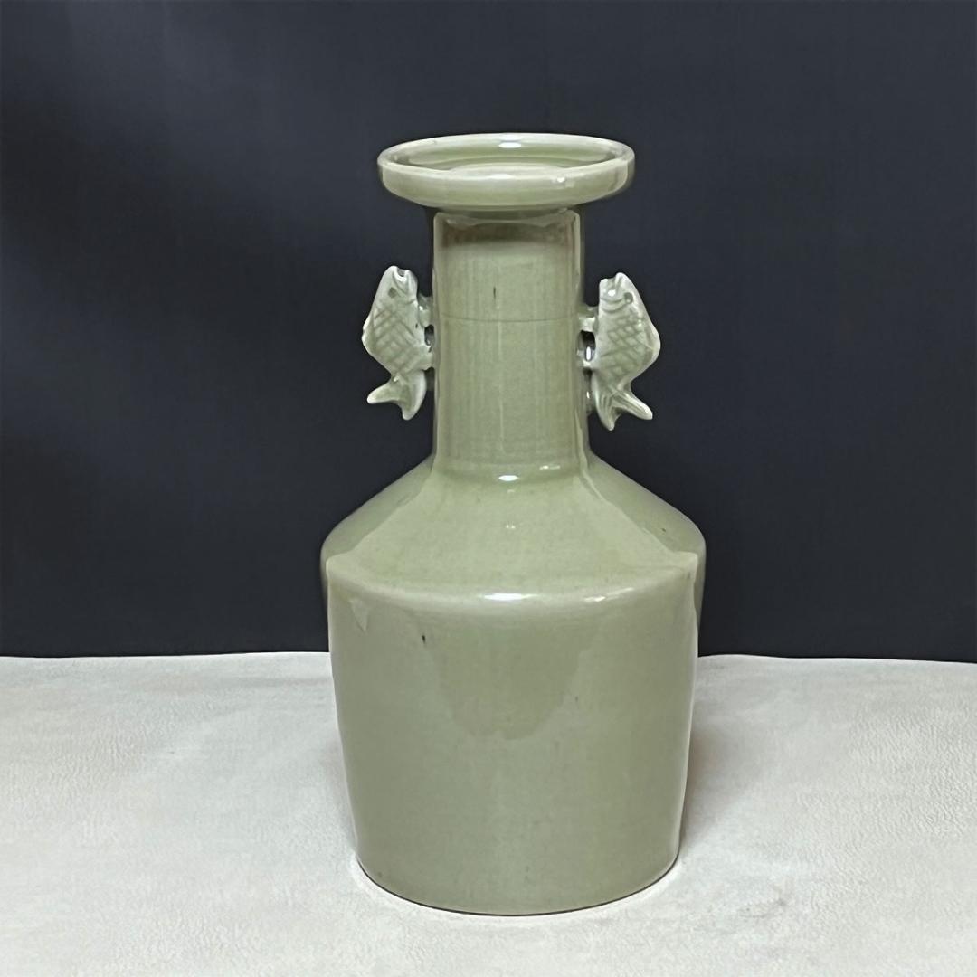 やっちゃん 阿漕焼 魚水庵 青磁 魚耳付 花生 共箱 耳付 【k3425】