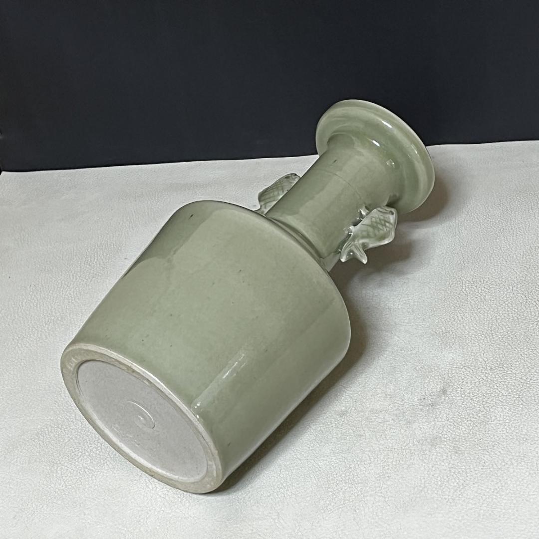 やっちゃん 阿漕焼 魚水庵 青磁 魚耳付 花生 共箱 耳付 【k3425】