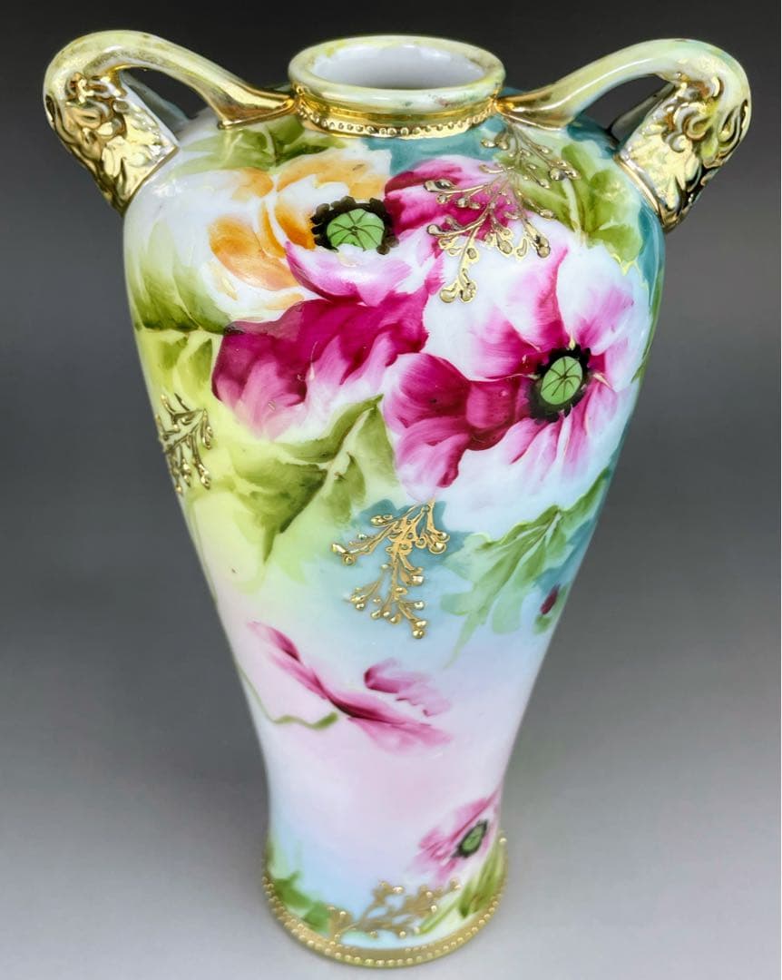 オールドノリタケ 約２３cm アールヌーボー ポピー花紋花瓶 金盛り 盛上げ