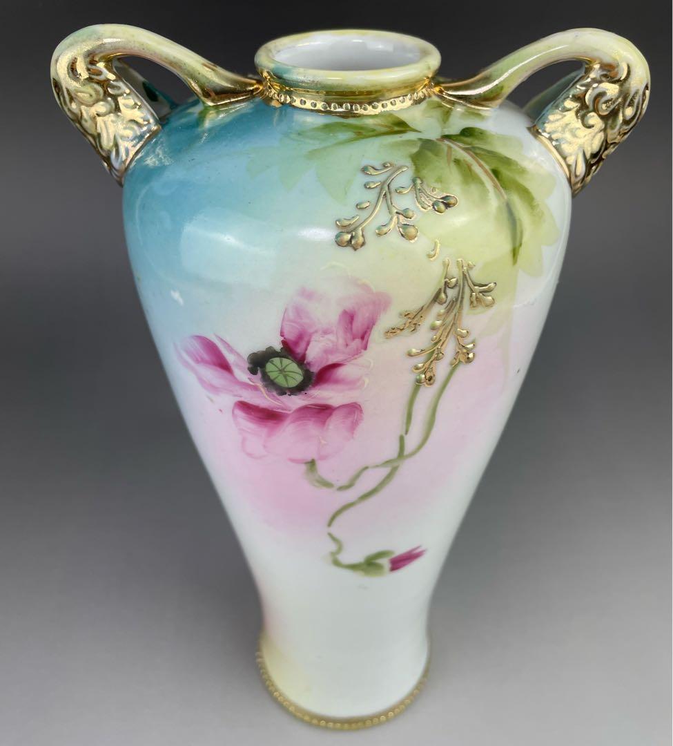 オールドノリタケ 約２３cm アールヌーボー ポピー花紋花瓶 金盛り 盛上げ