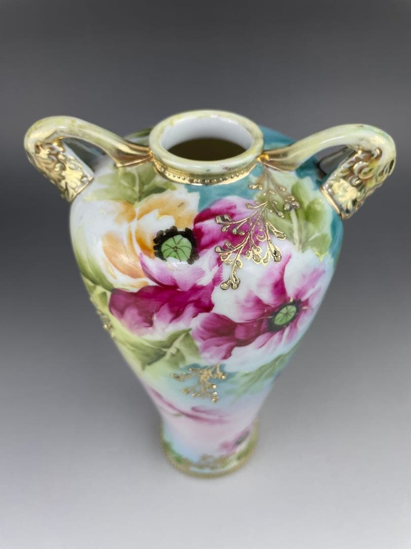 オールドノリタケ 約２３cm アールヌーボー ポピー花紋花瓶 金盛り 盛上げ