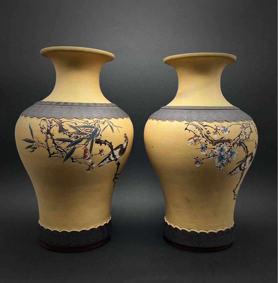 中国美術 中国古玩 中国宜興紫砂 花鳥紋樣花瓶2点