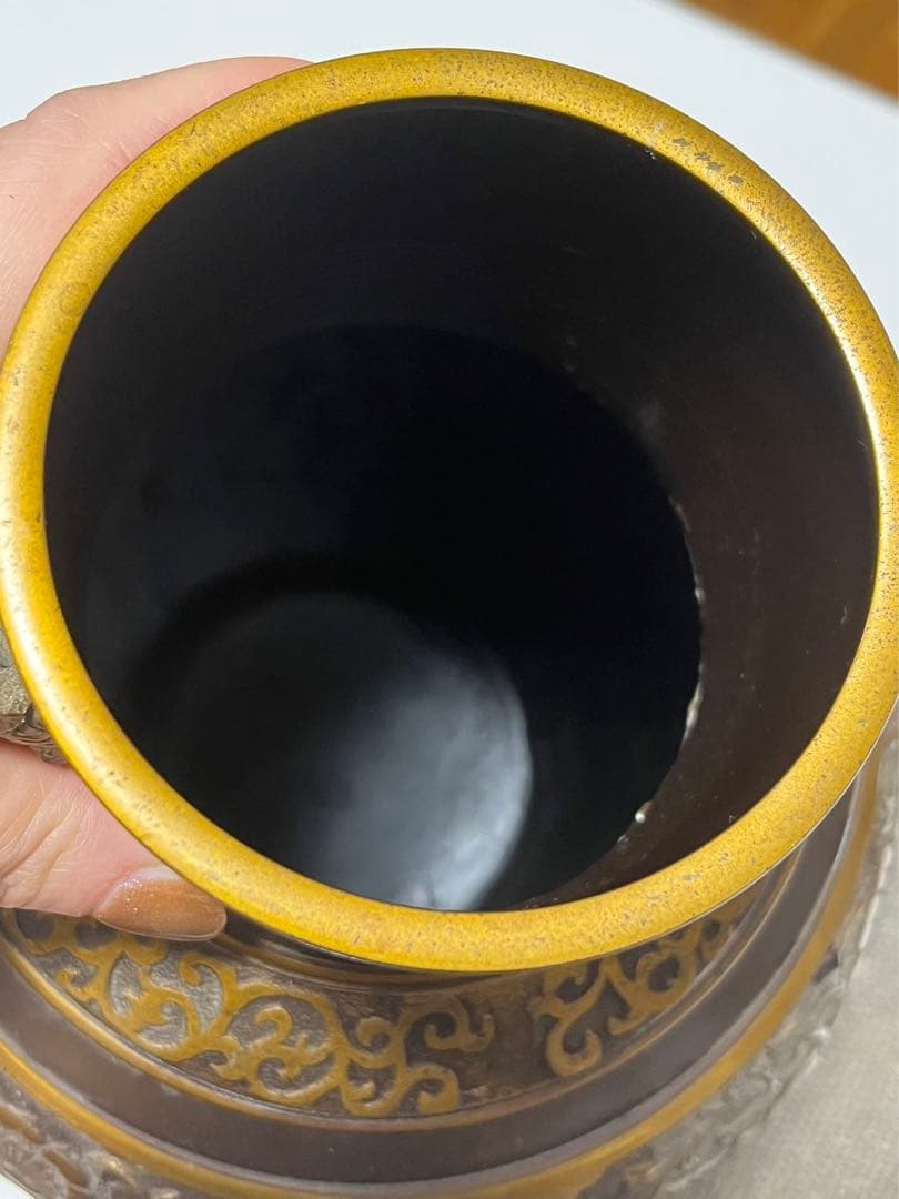 時代物 高岡銅器 古銅製四方窓絵花鳥紋龍舌耳付蝋型鋳造花瓶 作家在銘品 古銅器