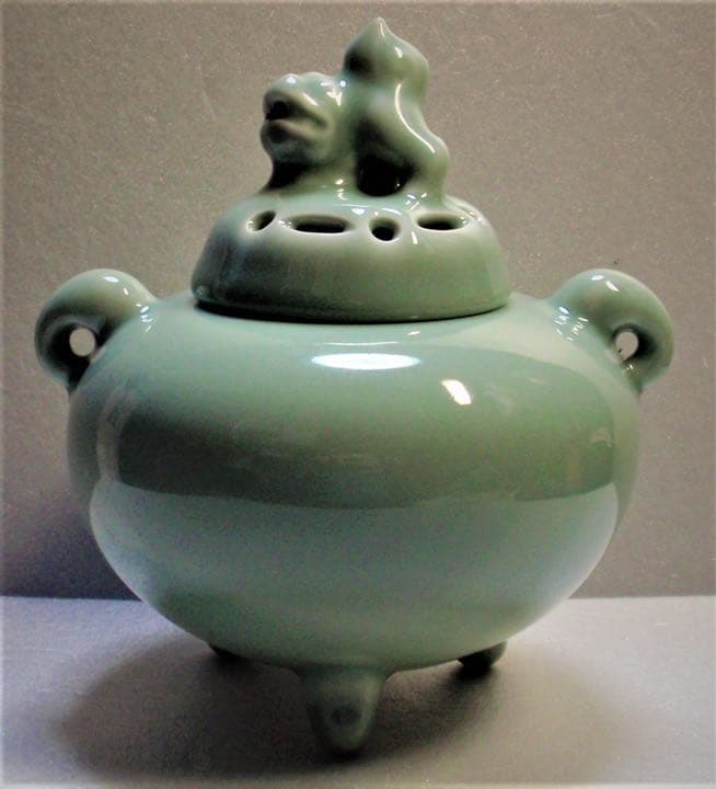 京焼　清水焼　香炉　青磁双耳獅子摘み香炉　高木鳳子　造