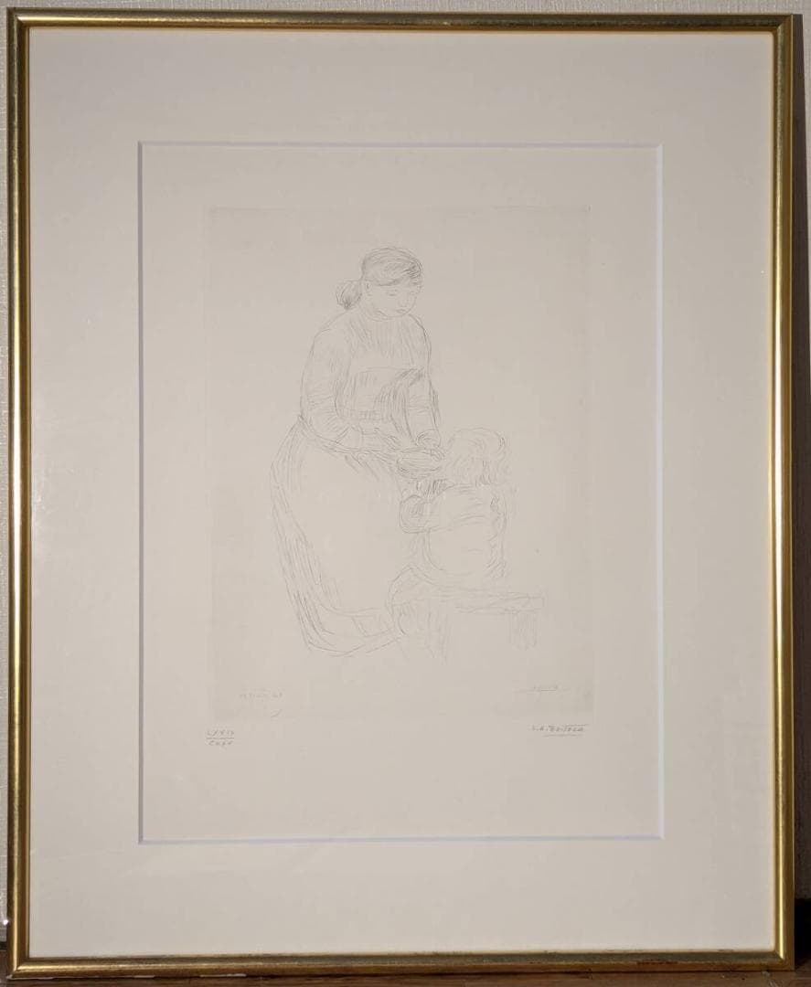 【真作】版画　ルノワール　銅版画　ボイセック版より　母と子　箱・黄袋入　Y25