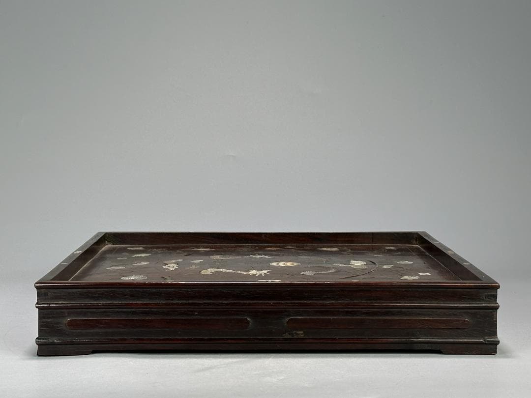 中国美術　清時代 花梨木　螺鈿嵌　双龍文　茶盤　引き出し付　書斎道具　李朝螺鈿