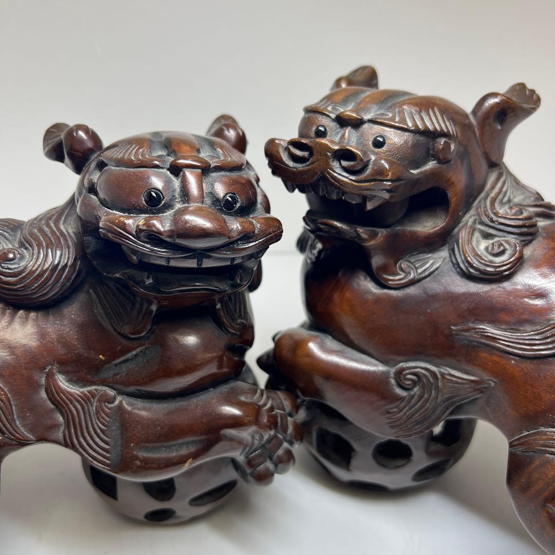 木彫 大振獅子 一対 1757g 東キ7-1218①