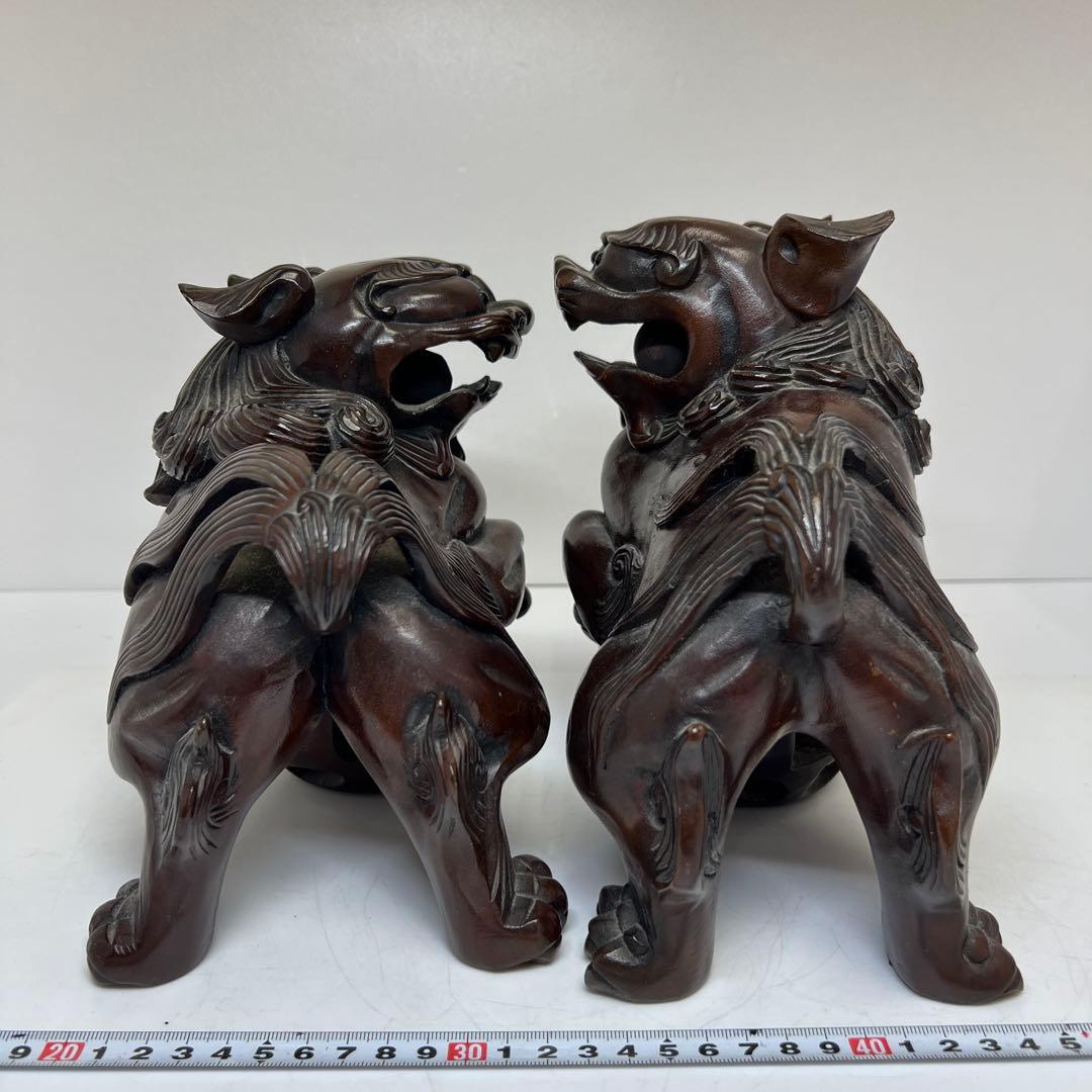 木彫 大振獅子 一対 1757g 東キ7-1218①