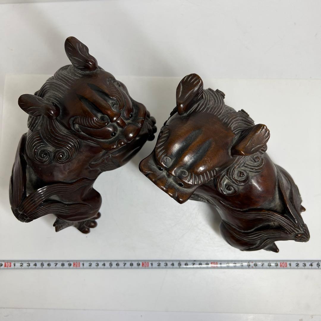 木彫 大振獅子 一対 1757g 東キ7-1218①