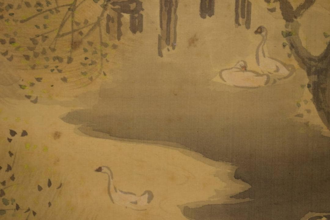 真作/秀耕/山水人物図/山水家鴨図/絹表装/布袋屋掛軸HI-897