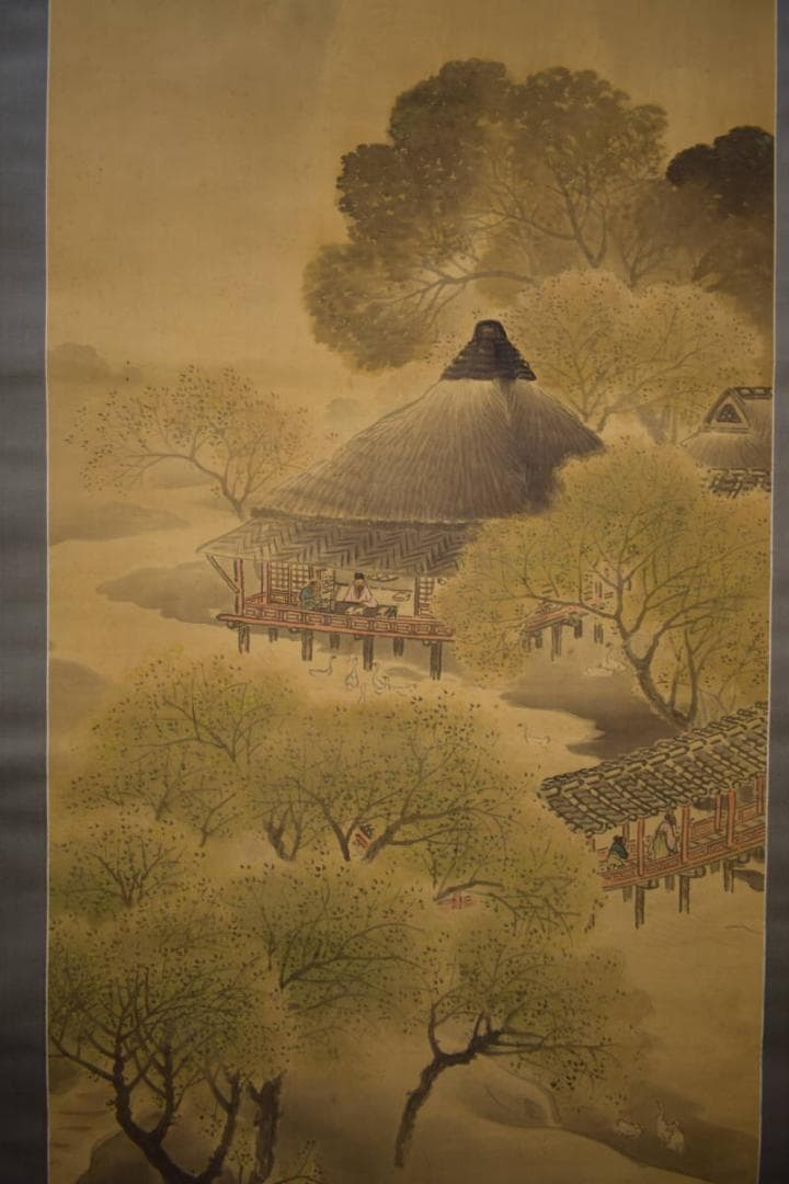 真作/秀耕/山水人物図/山水家鴨図/絹表装/布袋屋掛軸HI-897