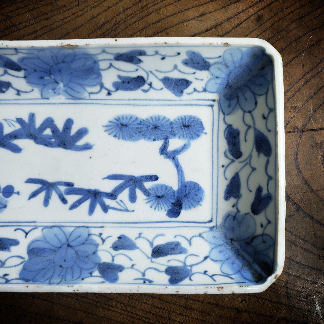 古伊万里 染付松竹梅図長皿 牡丹唐草 花唐草 鮎皿 江戸後期 厚手 訳あり