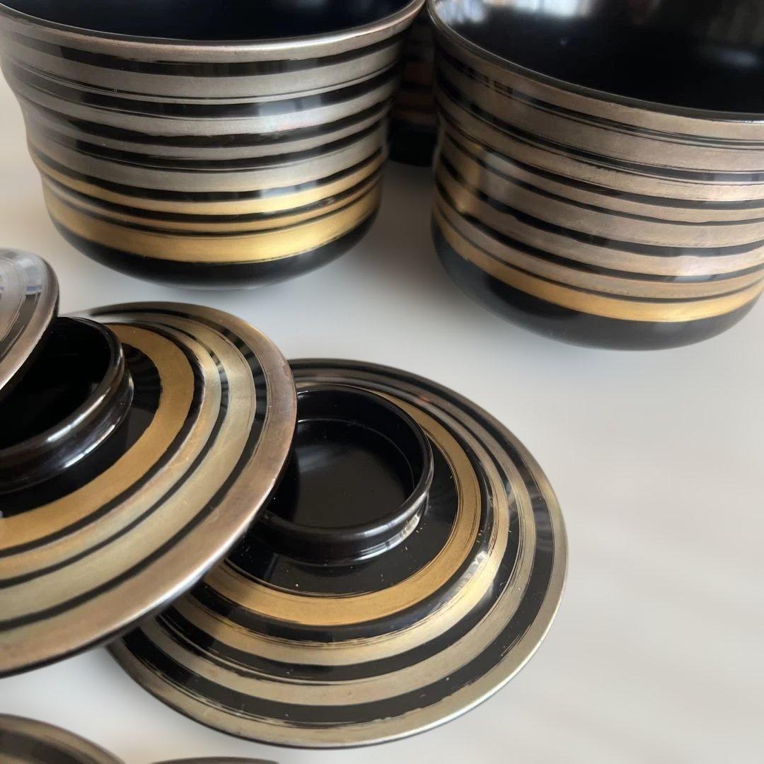 黒と金のストライプの漆器椀セット　6客　稲忠漆器店