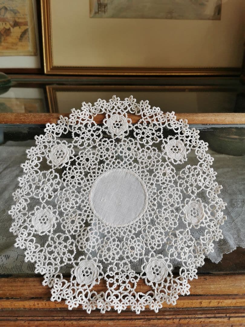 アンティーク アイリッシュリネン クロシェ編み花モチーフ ドイリー タティング風