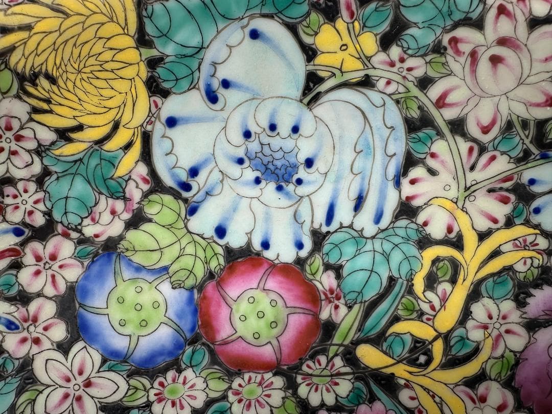 中国美術　景徳鎮製　粉彩百花不落地大盤　粉彩皿　時代　唐物