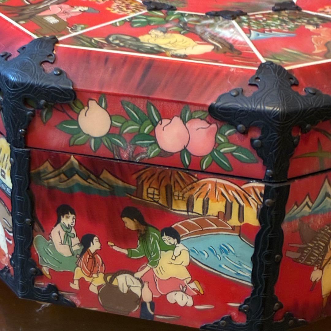 ヴィンテージ 中国　宝石箱　ジュエリーボックス　八角形　レア　赤